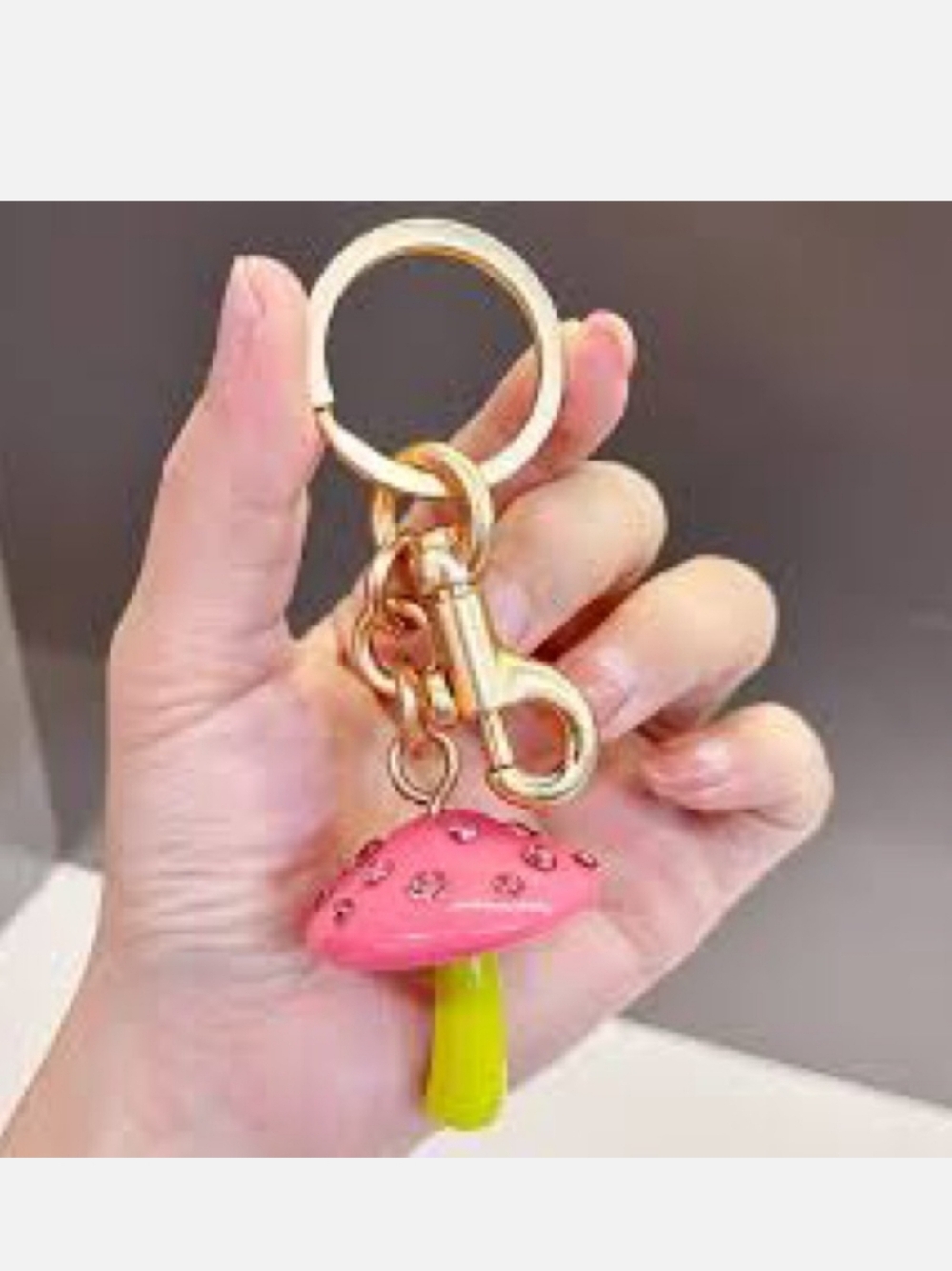 Mushroom Bagcharm/Keychain Gold With Pink And Green Plus Crystals - Picture 3 of 5